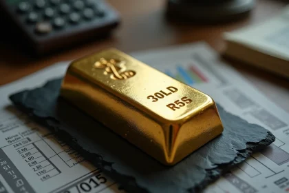 Lingot d'or 250g posé sur une ardoise noire entouré de graphiques de prix dans un bureau financier
