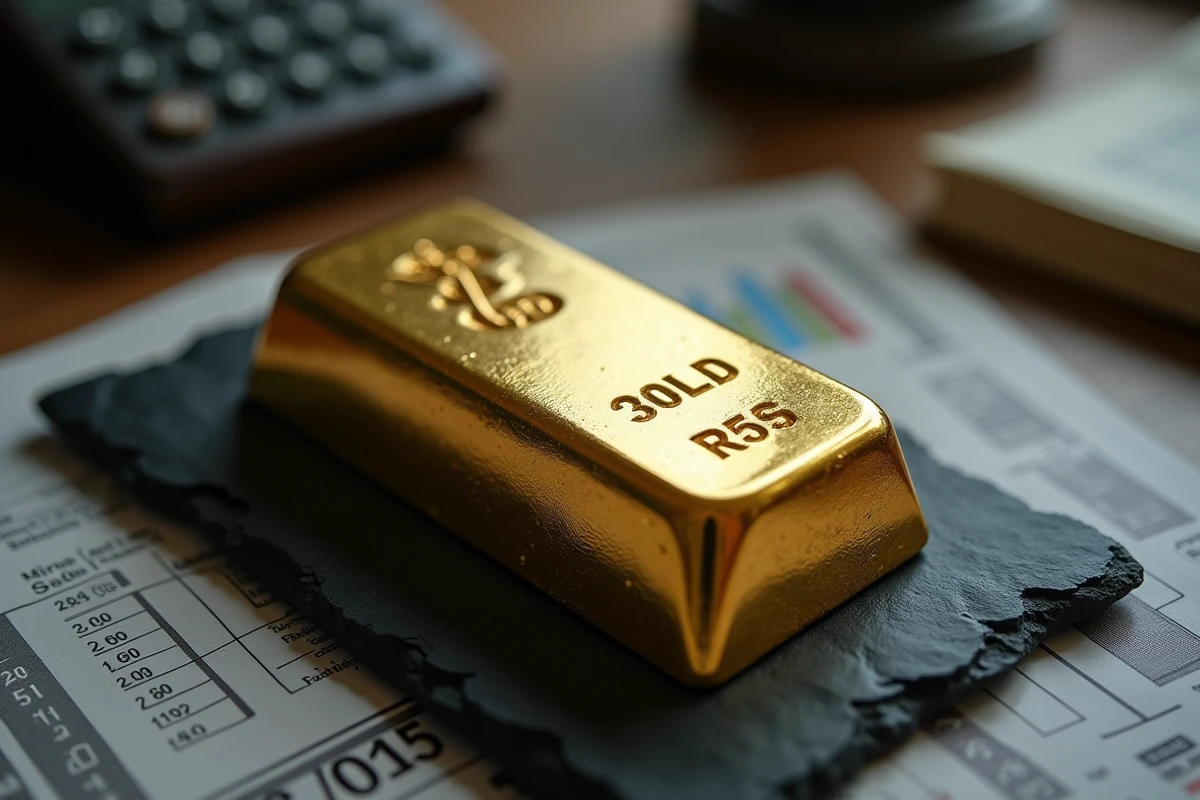 Lingot d'or 250g posé sur une ardoise noire entouré de graphiques de prix dans un bureau financier