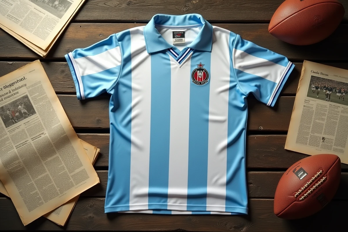 Maillot de football français vintage des années 1990 posé à plat avec des coupures de presse et souvenirs de l'OM