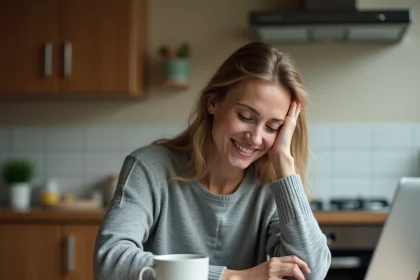 Mère débordée souriante devant son ordinateur portable dans une cuisine chaleureuse, illustrant la découverte simplifiée de Ptitclic blog