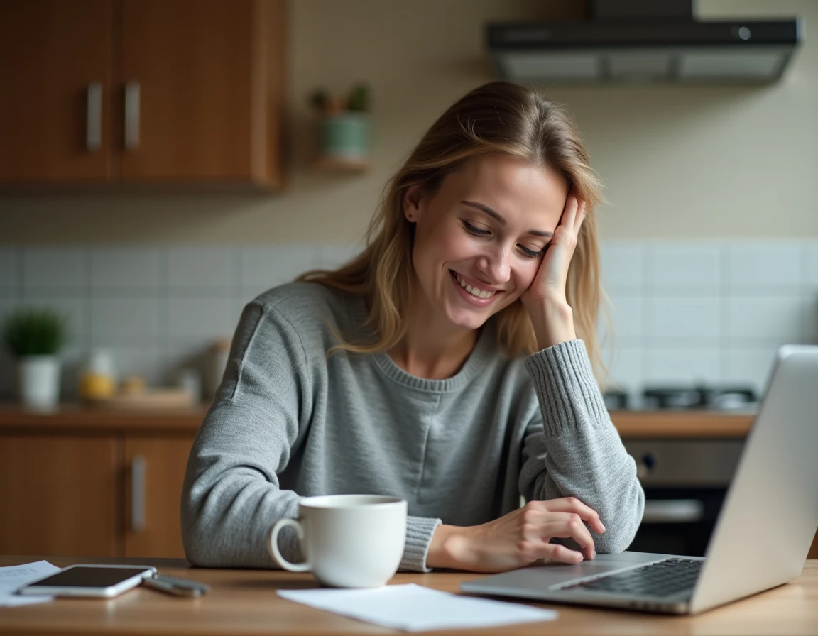 Mère débordée souriante devant son ordinateur portable dans une cuisine chaleureuse, illustrant la découverte simplifiée de Ptitclic blog