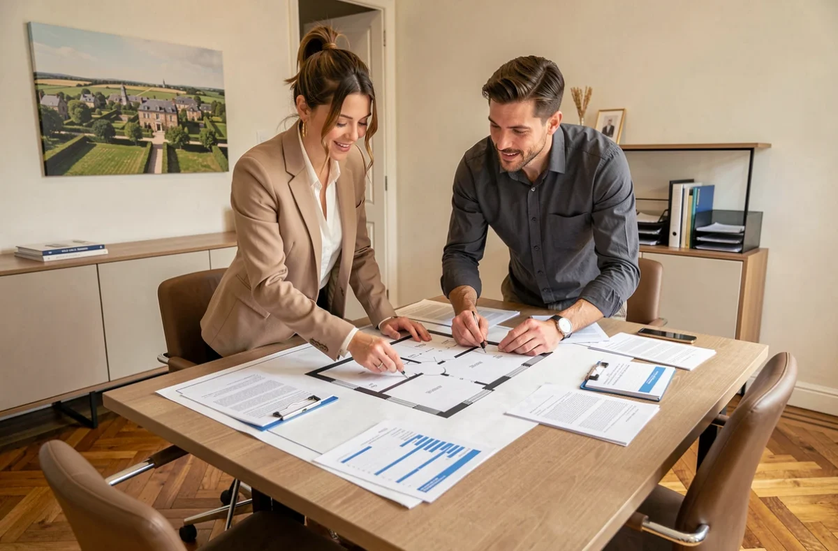 Équipe de conseillers Merevia analysant un dossier de financement immobilier en réunion