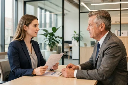 Jeune femme négociant son salaire lors d'un entretien professionnel dans un bureau moderne en Allemagne