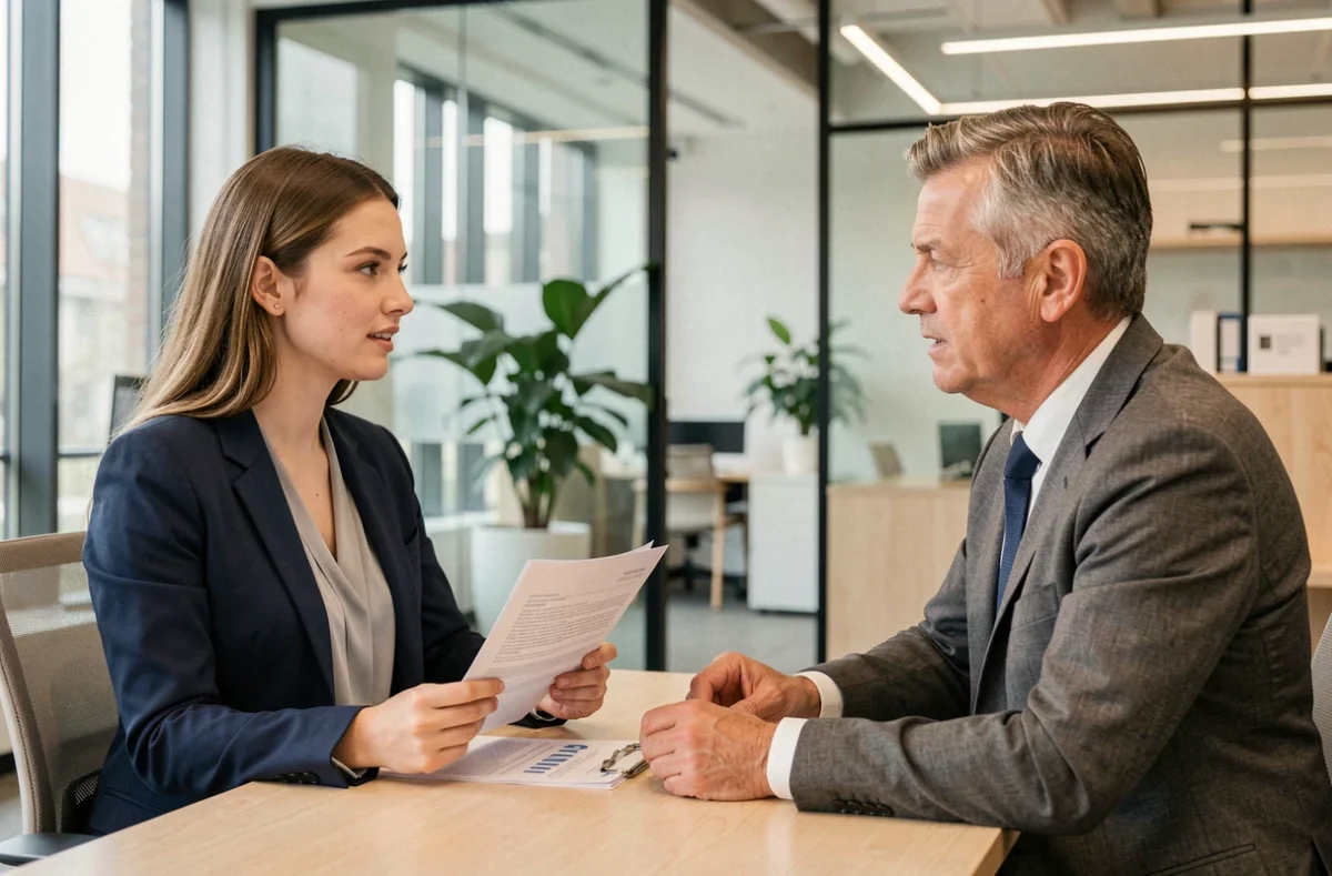 Jeune femme négociant son salaire lors d'un entretien professionnel dans un bureau moderne en Allemagne