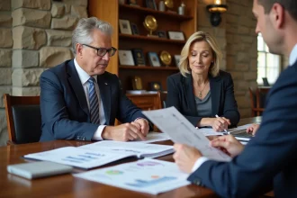 Officiels municipaux en réunion dans une mairie lumineuse