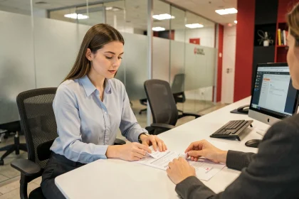 Jeune femme ouvrant son premier compte bancaire dans une agence Société Générale avec un conseiller