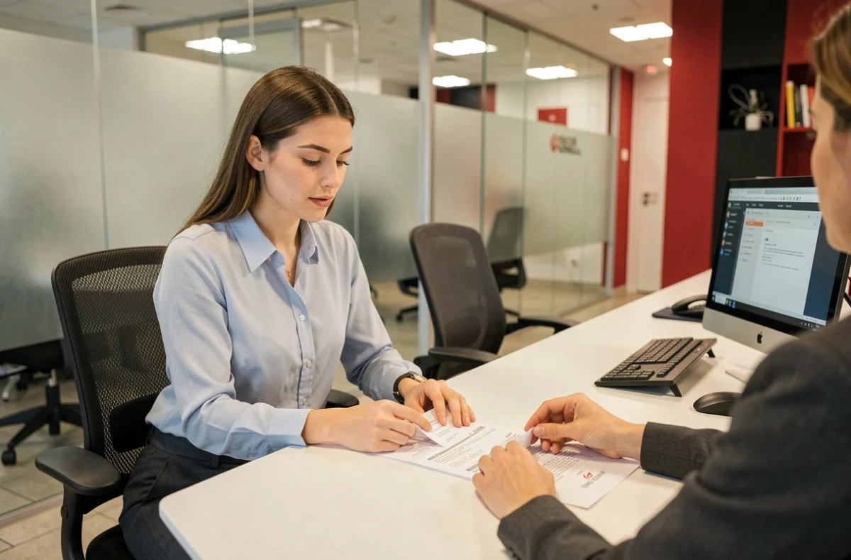 Jeune femme ouvrant son premier compte bancaire dans une agence Société Générale avec un conseiller