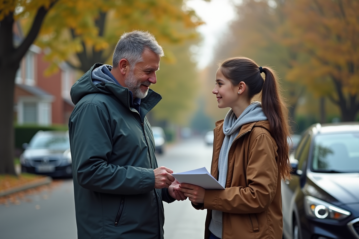 Père et fille discutant près de la voiture dans la rue