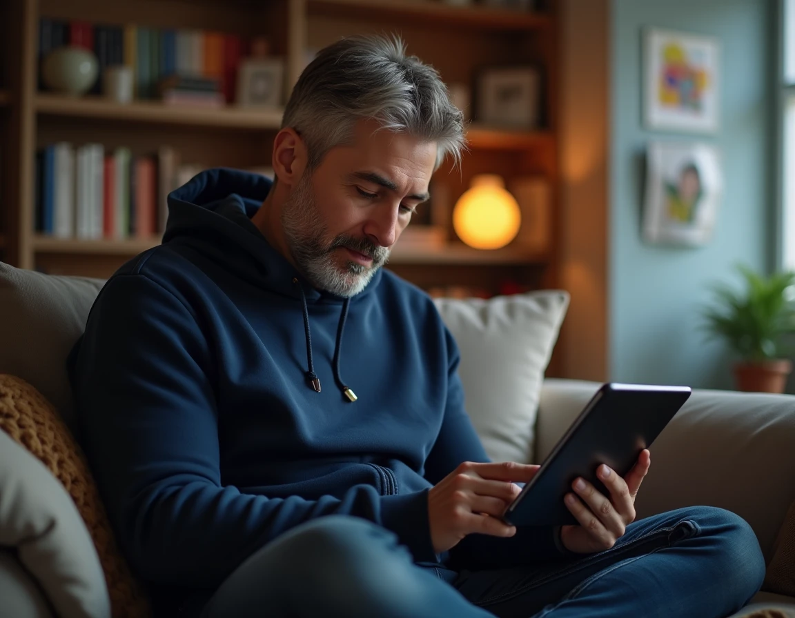 Père consultant un blog parental sur une tablette dans un salon familial confortable, représentant un parent occupé utilisant Ptitclic