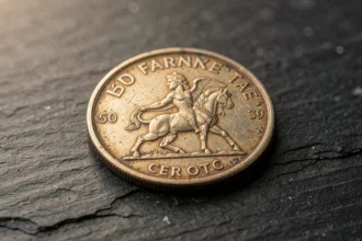 Pièce de 50 francs 1977 en argent posée sur ardoise sombre avec détails gravés visibles