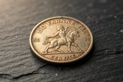 Pièce de 50 francs 1977 en argent posée sur ardoise sombre avec détails gravés visibles