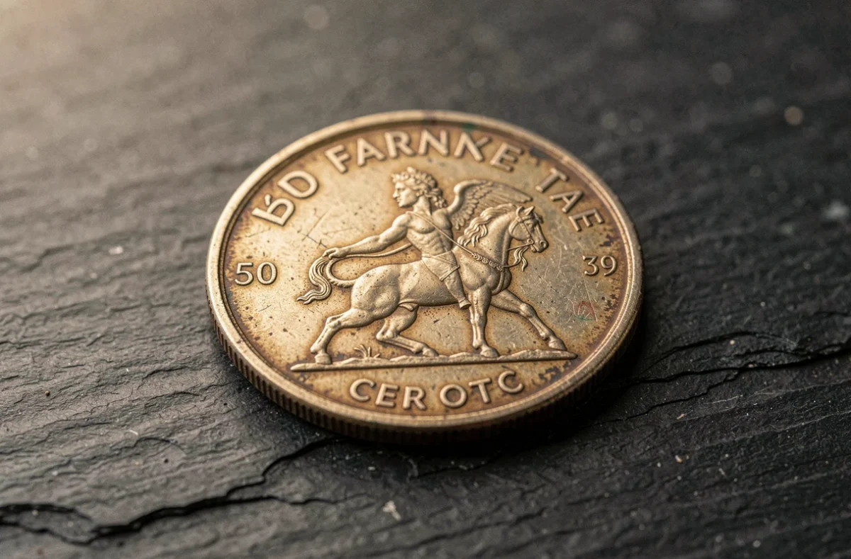 Pièce de 50 francs 1977 en argent posée sur ardoise sombre avec détails gravés visibles
