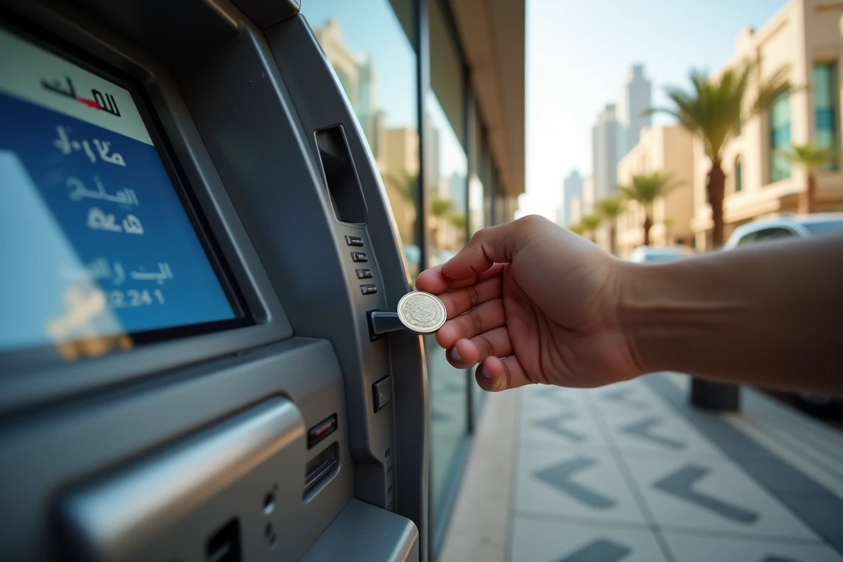 Main insérant une pièce de dirham dans un distributeur automatique à Dubaï