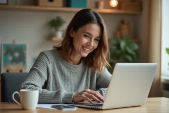 Femme consultant le site lcl.fr pour particuliers sur un ordinateur portable depuis son bureau à domicile