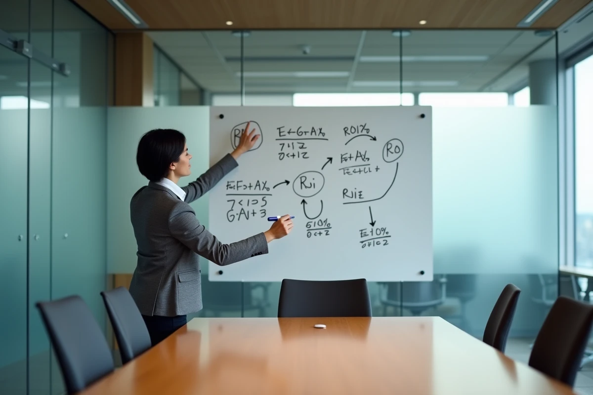Femme professionnelle présentant des formules de calcul ROI au tableau blanc lors d'une réunion d'équipe