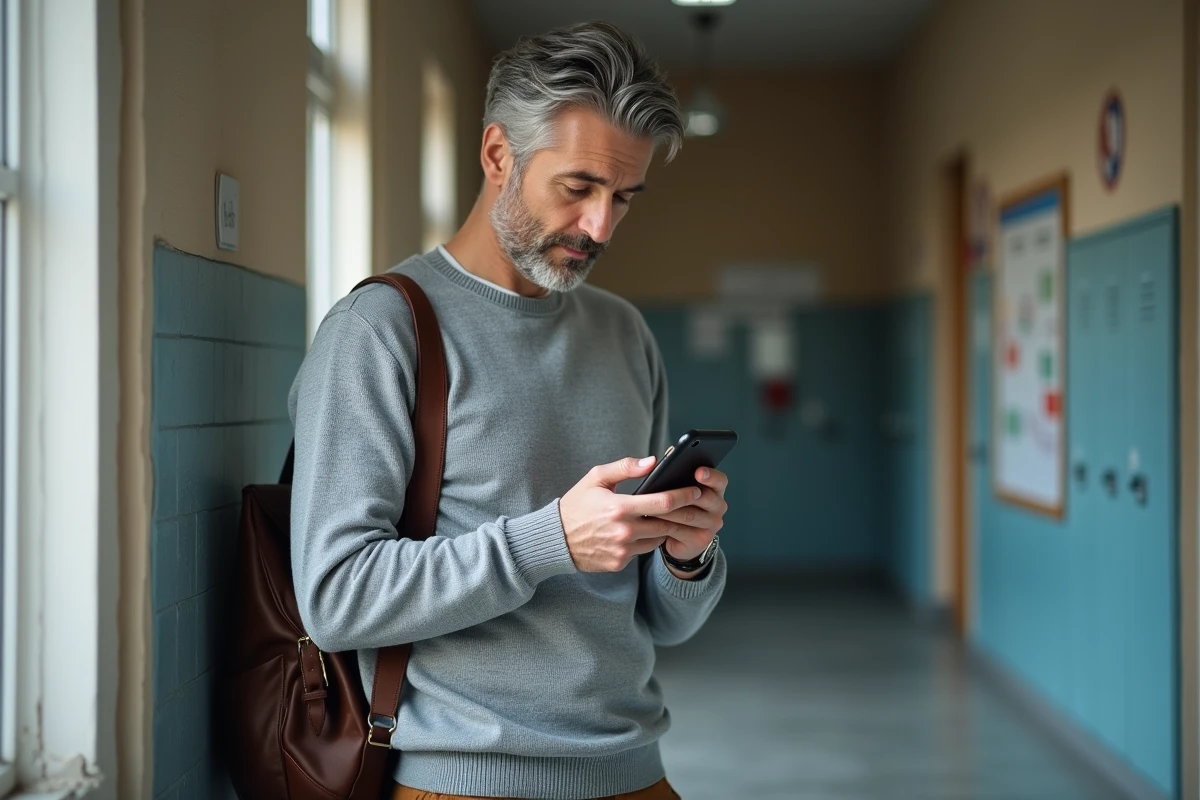 Professeur vérifiant le virement de son salaire sur son smartphone dans un couloir de lycée