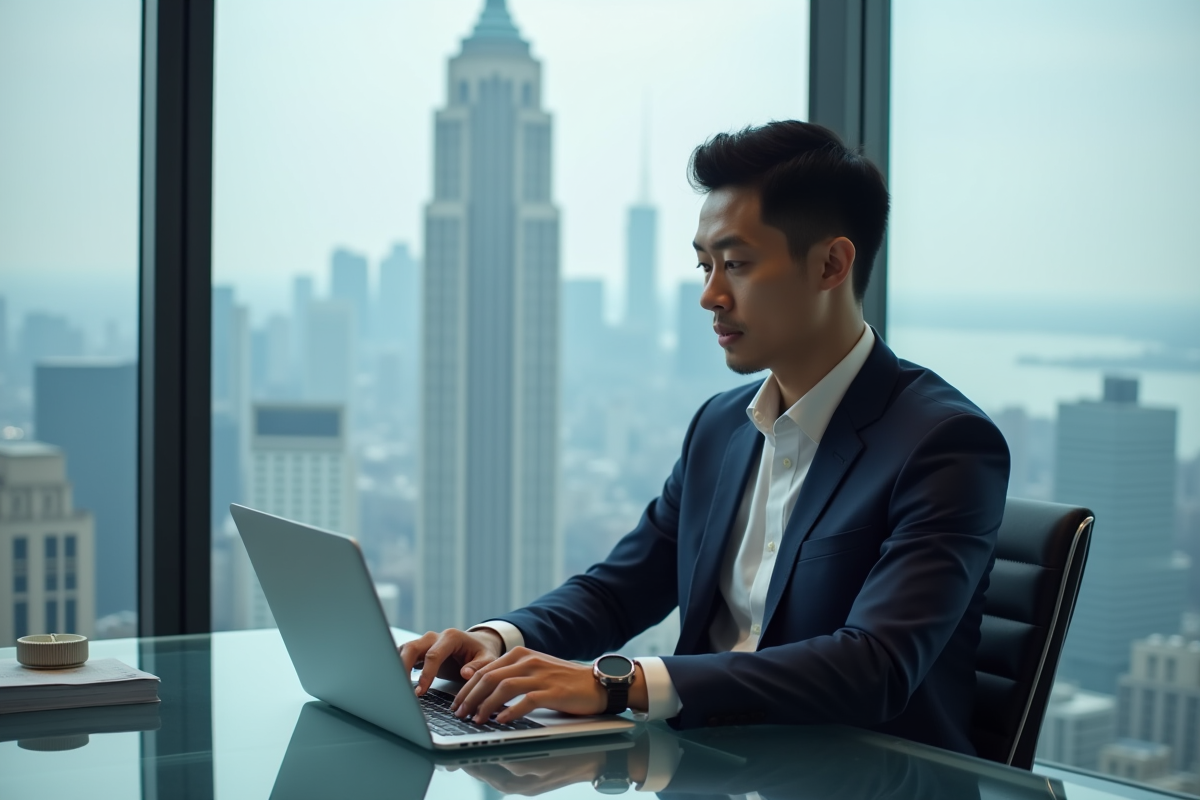 Homme d'affaires asiatique en costume dans un bureau moderne