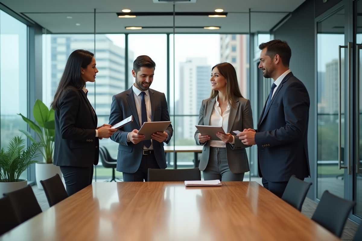Quatre professionnels en réunion dans un bureau moderne