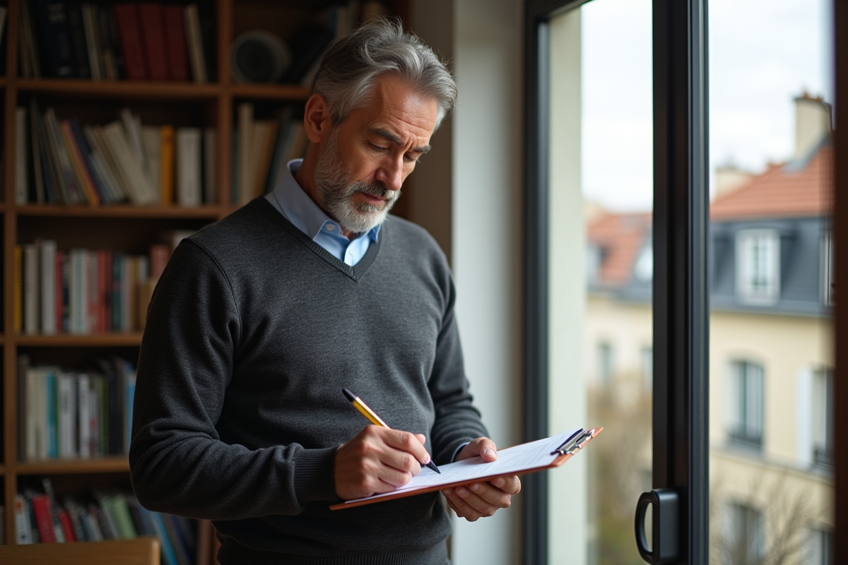 Homme remplissant une declaration de location dans son bureau parisien