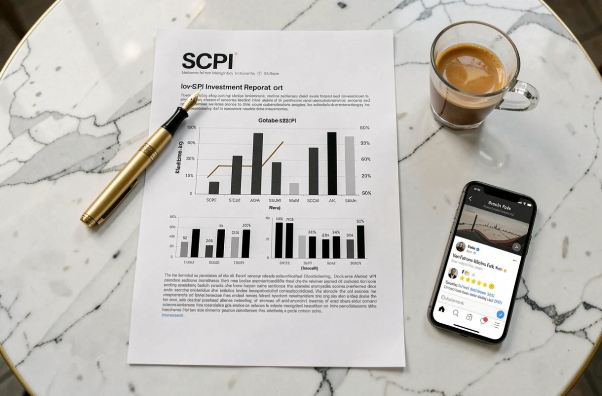 Flat-lay d'un rapport SCPI Remake Live avec avis clients affichés sur smartphone et stylo plume sur marbre