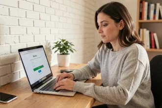 Femme récupérant son identifiant sur son espace client Nickel depuis un ordinateur portable à domicile