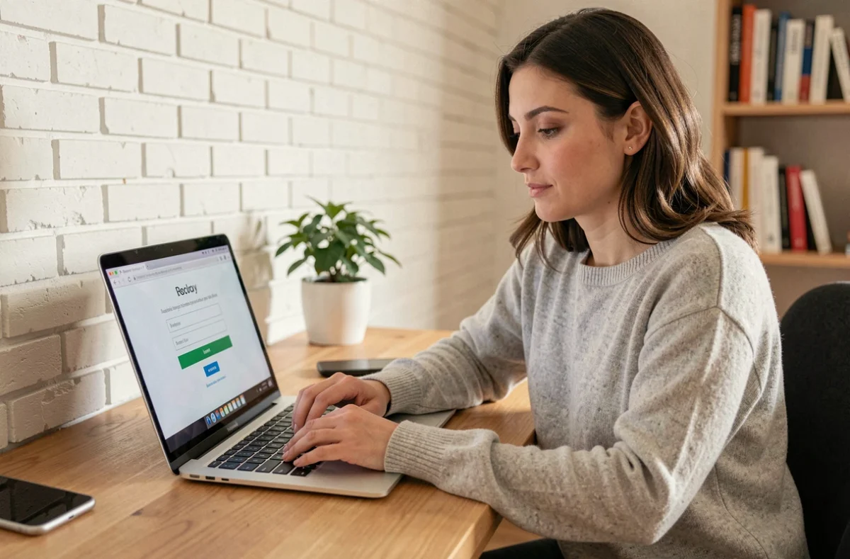 Femme récupérant son identifiant sur son espace client Nickel depuis un ordinateur portable à domicile