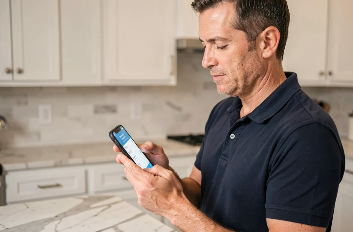 Homme réinitialisant son mot de passe Nickel depuis l'application mobile dans sa cuisine