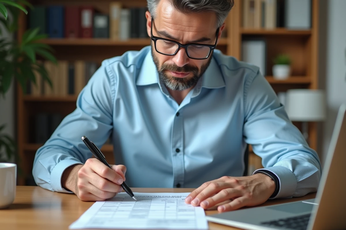 Homme remplissant une déclaration de revenus française à son bureau à domicile, illustrant la case 7DB des impôts 2026