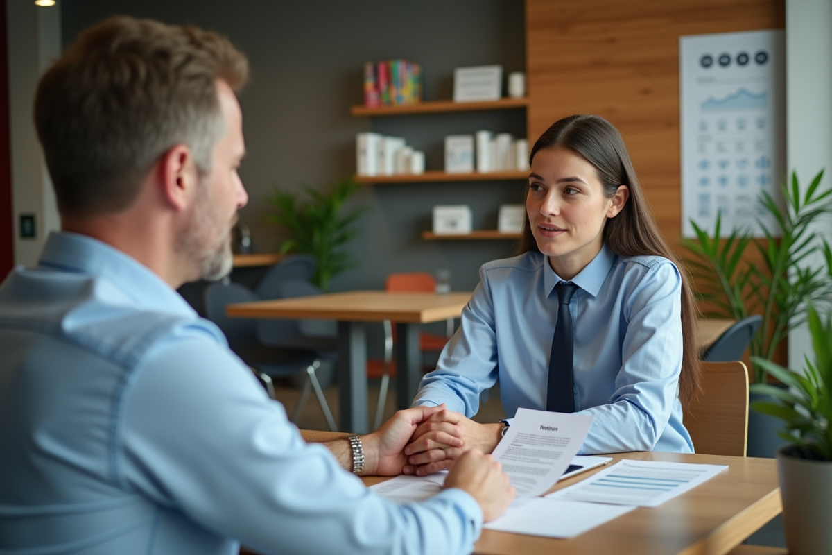 Banque et client discutent des taux dinteret dans une agence bancaire