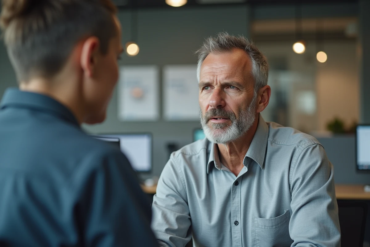Homme en rendez-vous avec un conseiller P&ocirc;le emploi pour recalcul de son allocation ch&ocirc;mage