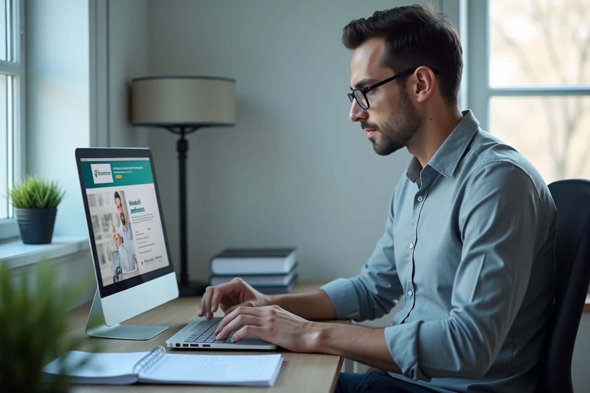 Homme utilisant un ordinateur portable pour résilier son contrat Direct Assurance en ligne depuis son bureau