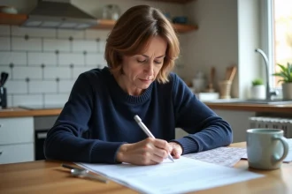 Femme lisant un contrat d'assurance Direct Assurance à résilier, assise à une table de cuisine