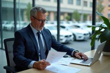 Responsable de flotte automobile analysant le tableau TVS 2026 sur ordinateur portable dans un bureau d'entreprise moderne