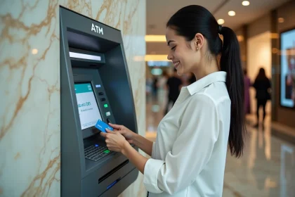 Femme retirant de l'argent à un distributeur automatique dans un centre commercial de Dubaï