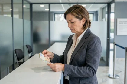 Femme retirant des billets en euros au guichet d'une banque française, illustrant le plafond de retrait d'espèces sans signalement fiscal