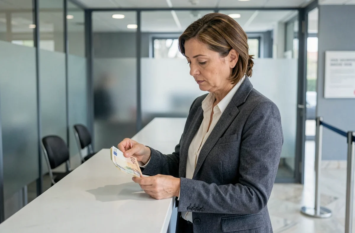 Femme retirant des billets en euros au guichet d'une banque française, illustrant le plafond de retrait d'espèces sans signalement fiscal