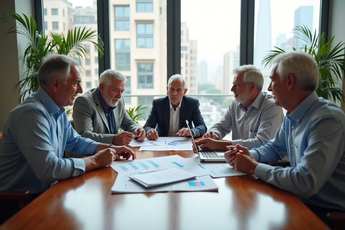 Groupe de seniors en réunion dans une salle moderne