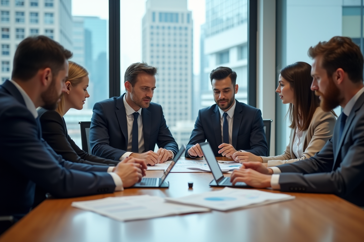 Groupe de professionnels en réunion analysant des graphiques