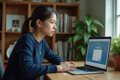 Femme sécurisant sa cagnotte en ligne sur un ordinateur portable depuis son bureau à domicile