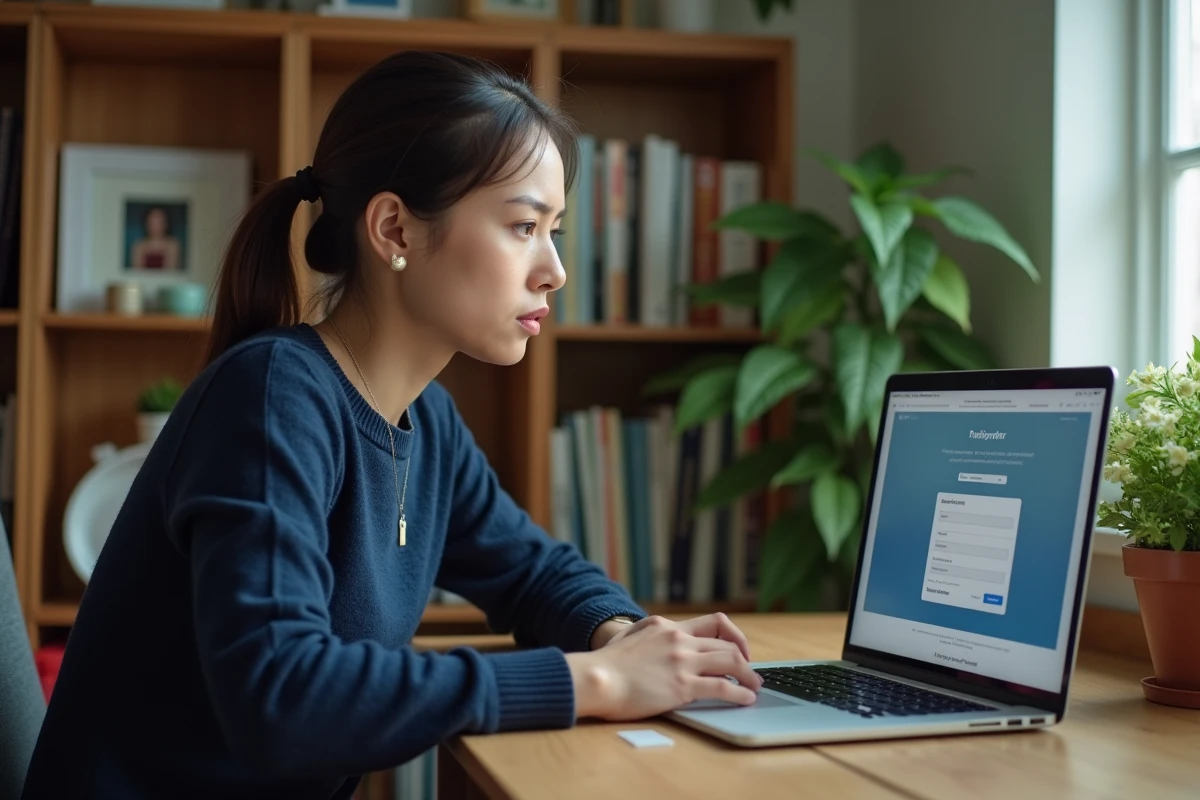 Femme sécurisant sa cagnotte en ligne sur un ordinateur portable depuis son bureau à domicile