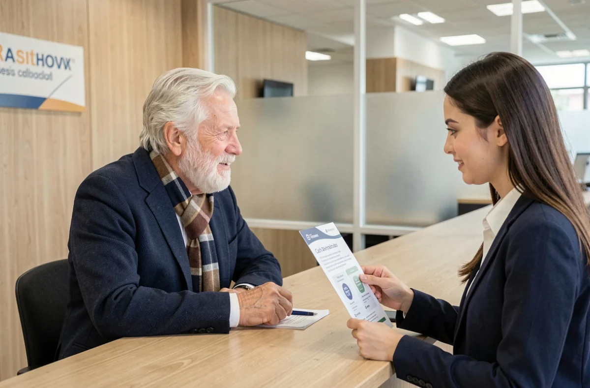 Senior homme discutant avec un conseiller bancaire pour simplifier ses retraits d'argent en agence