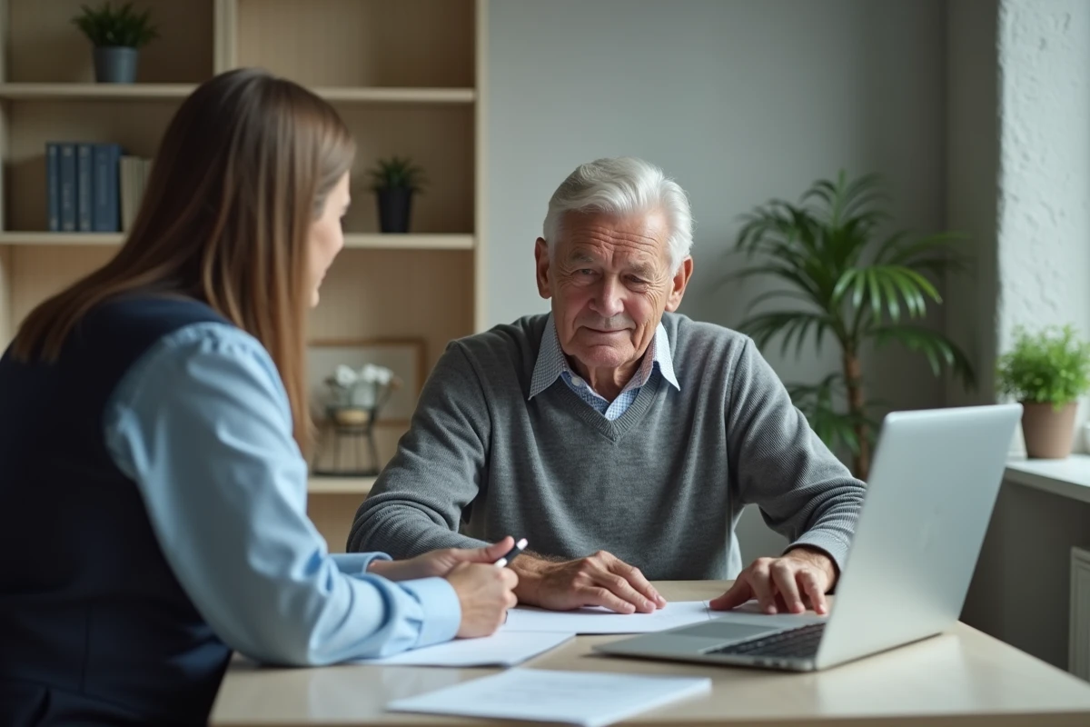 Senior retraité en entretien avec un conseiller Pôle Emploi pour calculer ses droits à l'ARE