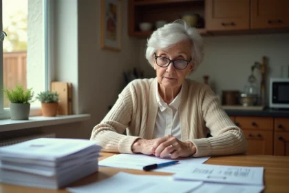Femme senior consultant des documents administratifs sur le calcul de l'ARE à la retraite