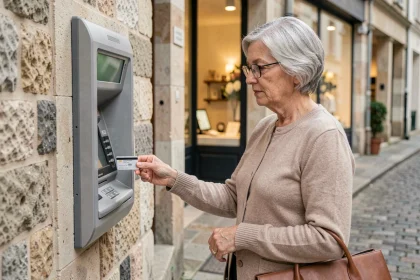 Femme senior retirant de l'argent à un distributeur automatique de billets dans une rue de village française