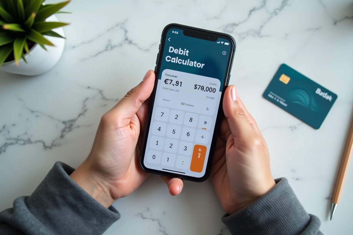 Mains tenant un smartphone avec une calculatrice de retrait bancaire et une carte de paiement sur un comptoir en marbre