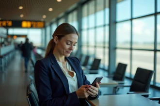 Femme professionnelle utilisant l'application bancaire Société Générale sur son smartphone dans un aéroport international