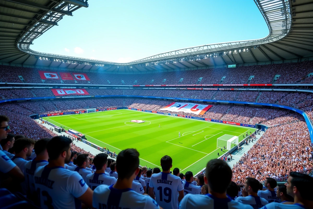 Vue grand angle du stade de l'Olympique de Marseille rempli de supporters en maillots blanc et bleu lors d'un match