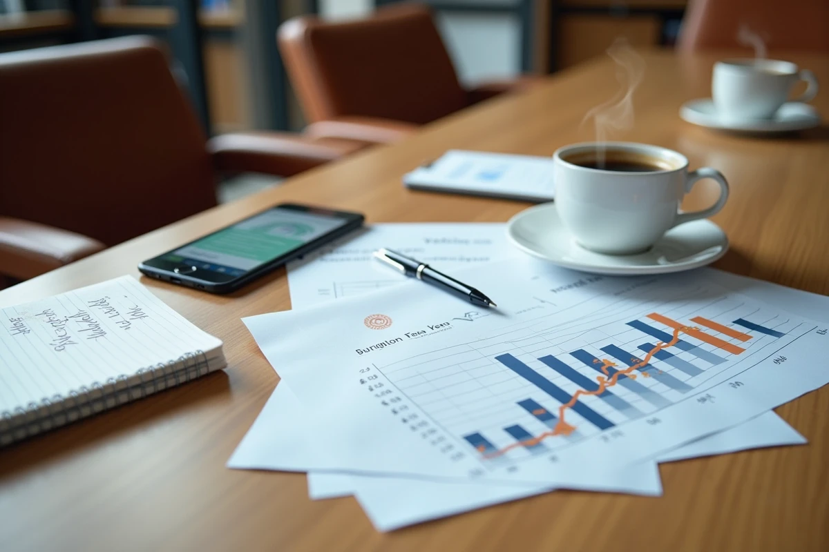 Vue aérienne d'une table de réunion avec documents de planification TVS 2026, stylo et smartphone pour gestion de flotte automobile