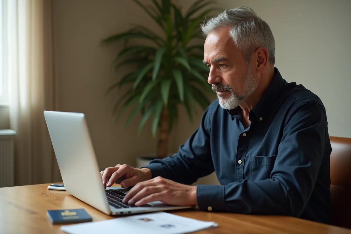 Homme effectuant un transfert d'argent Western Union en ligne depuis son domicile avant un voyage international