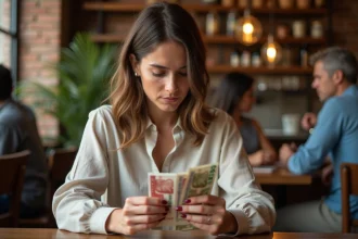 Femme triant des billets de pesos argentins dans un café de Buenos Aires après son voyage